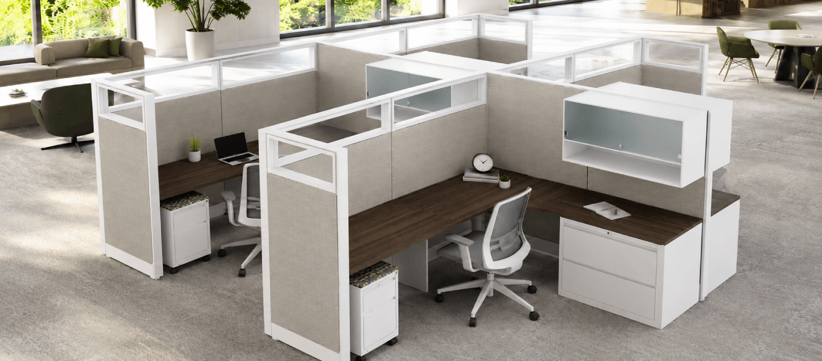 4-Person Private 6x8 Cubicle with Overhead Storage_Framed Glass-banner