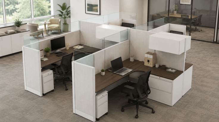 4 Person Private 8x6 Cubicle with Overhead Storage - Quickship room view
