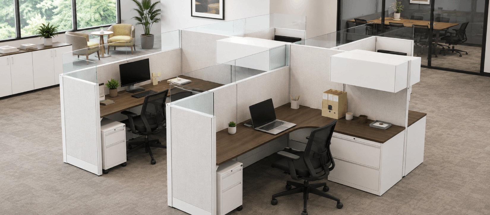 4 Person Private 8x6 Cubicle with Overhead Storage - Quickship-banner