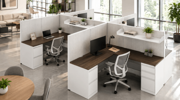 4 Person Semi-Private 6' x 6' Corner Cubicle with Open Shelf – Quickship room view