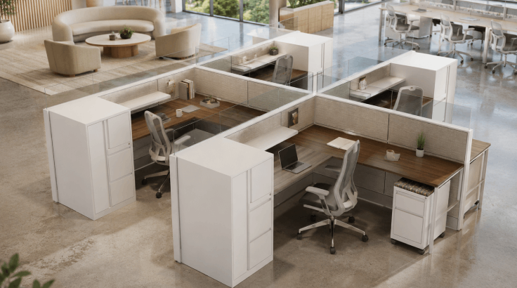 4-Person Semi-Private 6x6 Cubicle with Glass Panels/ Storage Towers room view