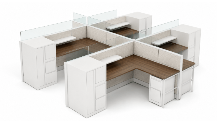 4-Person Semi-Private 6x6 Cubicle with Glass Panels/ Storage Towers- white back