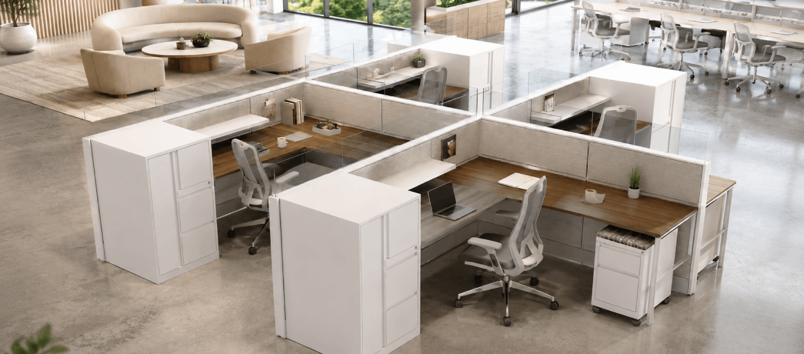 4-Person Semi-Private 6x6 Cubicle with Glass Panels/ Storage Towers