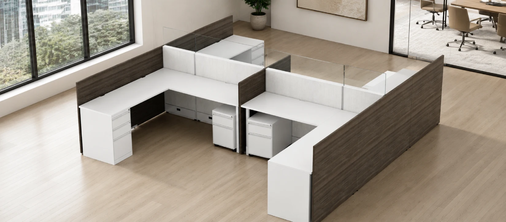 4 Person Semi-Private 6x6 Cubicle with Glass Stackers and Laminate Panels
