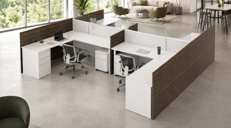 4 Person Semi-Private 6x6 Cubicle with Glass Stackers and Laminate Panels – Quickship room view