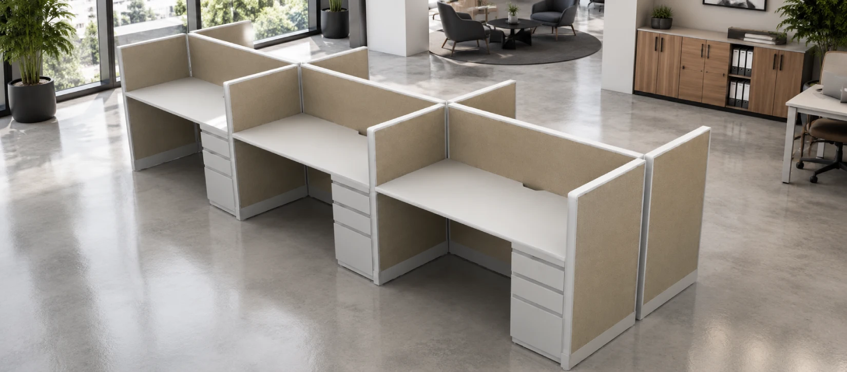 6 Person Open Low 5' x 2' Cubicle with Drawer Storage