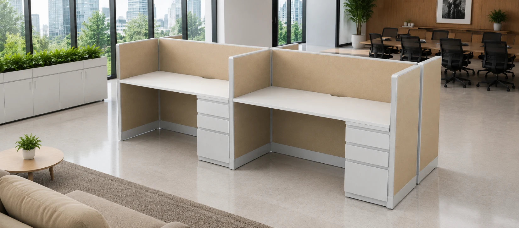 Four Pod Open Low 5' x 2' Cubicle with Drawer Storage