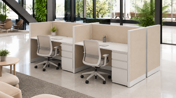 Four Pod Open Low 5' x 2' Cubicle with Drawer Storage room view