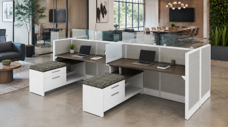 Open Low 5' x 6' Cubicle with Cushion Lateral Storage room view