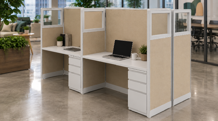 Modern Open Low Panel 5' x 5' Cubicle with Drawer Storage room view