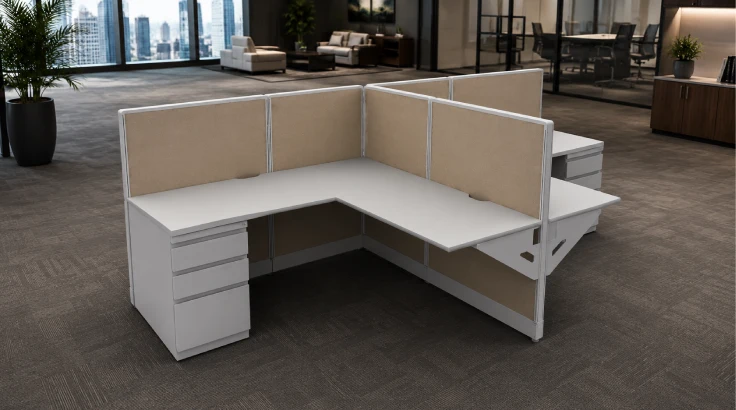 Side by Side Two Pod Open Low Panel 5' x 5' Cubicle with Drawer Storage room view