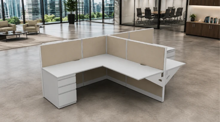Side by Side Two Pod Open Low Panel 6' x 6' Cubicle with Drawer Storage room view