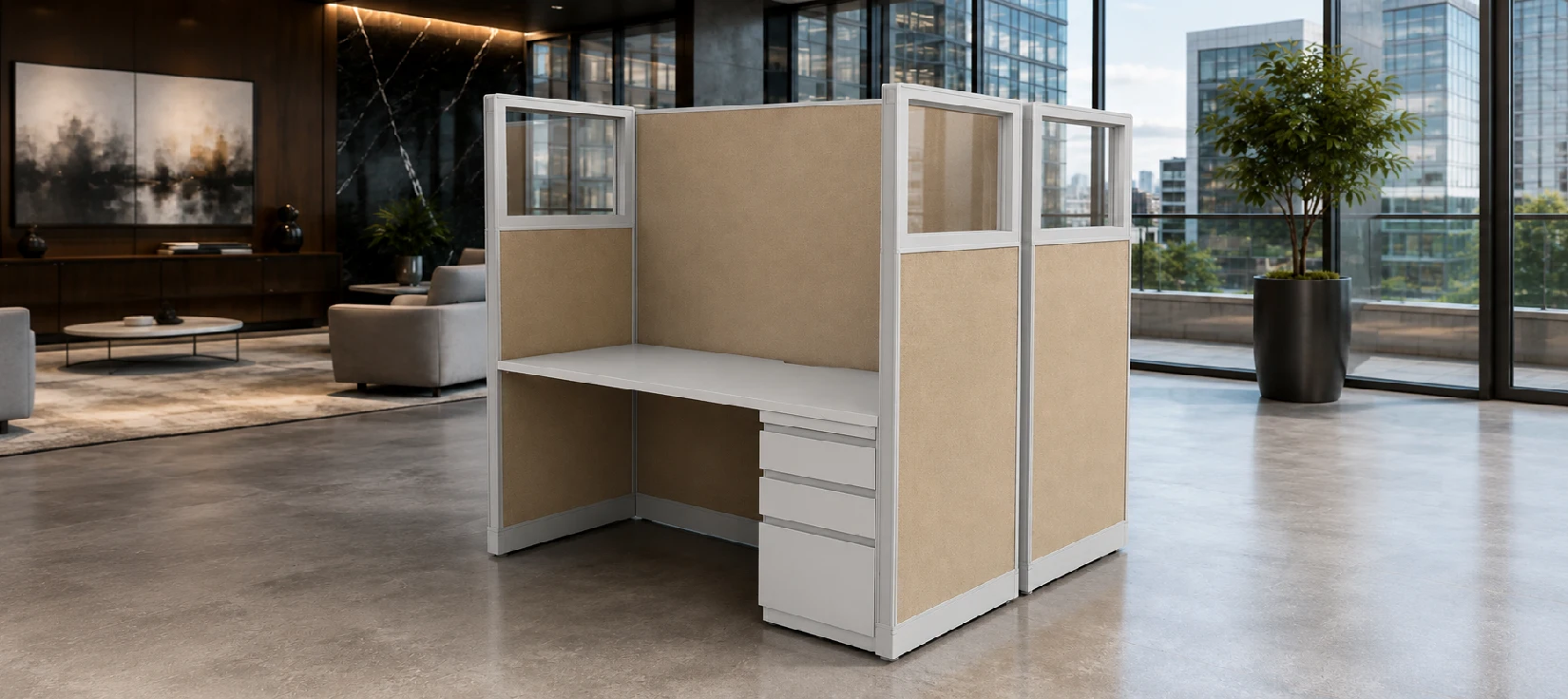 Private 5′ x 2′ Cubicle with Drawer Storage and Glass Inserts