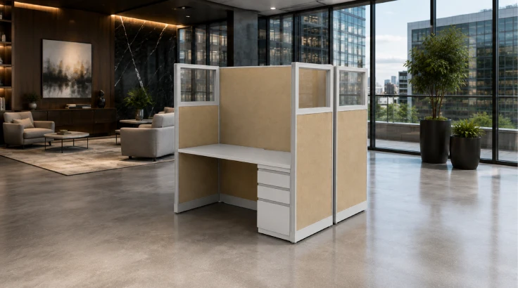 Private 5' x 2' Cubicle with Drawer Storage and Glass Inserts room view