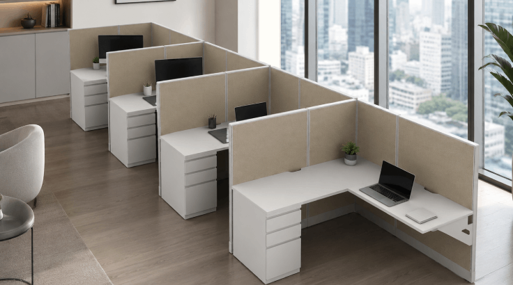 Semi Private In-Line Row 5' x 5' Cubicle with Drawer Storage room view