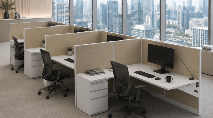 Semi Private In-Line Row 6 x 6 Cubicle with Drawer Storage room view