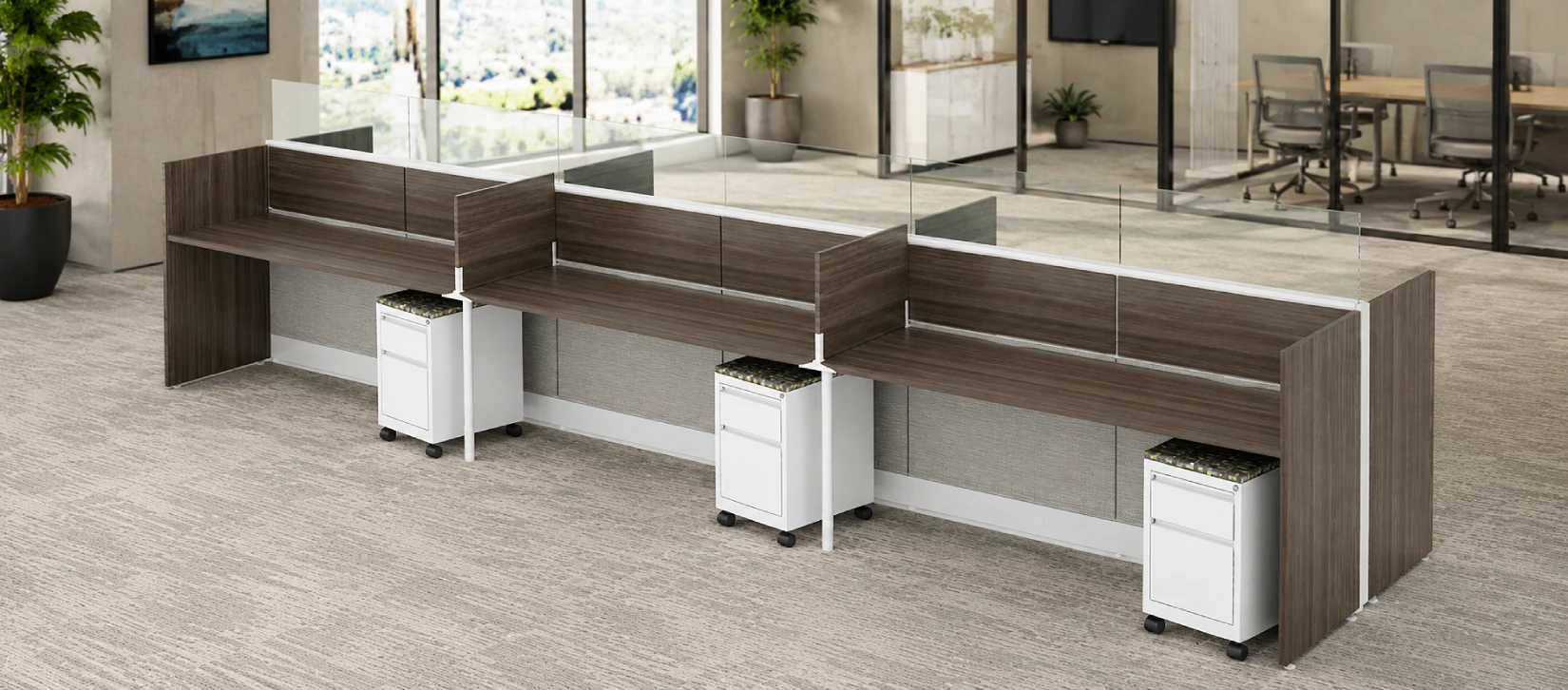 6 Person Open Low 6x2 Cubicle with Modern Glass