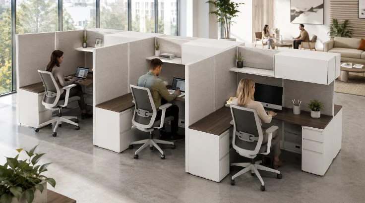 6 Person Private 6x6 Cubicle with Open/Closed Overhead Storage room view