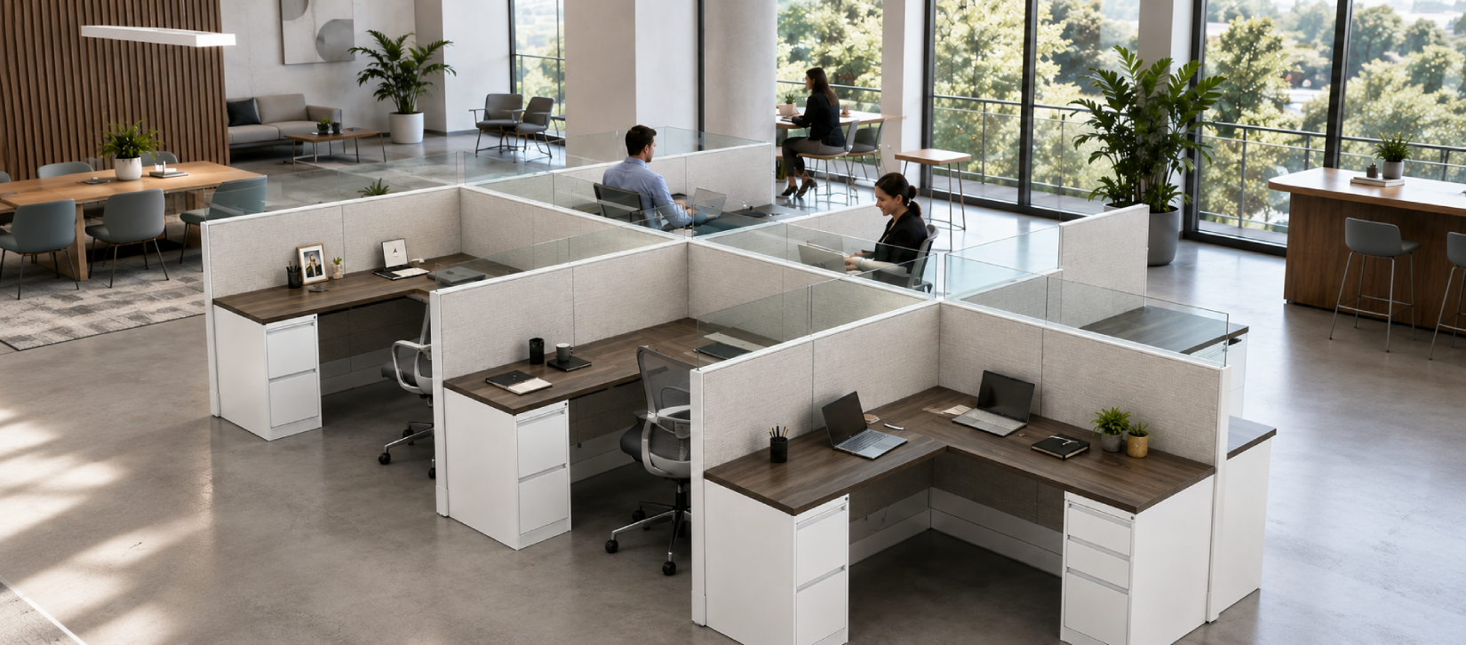 6 Person Semi Private 6x6 Corner Cubicle with Modern Glass-banner