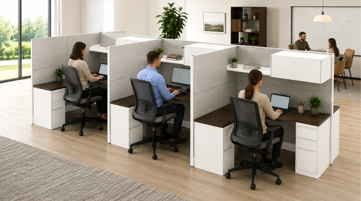 6 Person Semi Private 6x6 Corner Cubicle with Open/Closed Upper Storage room view