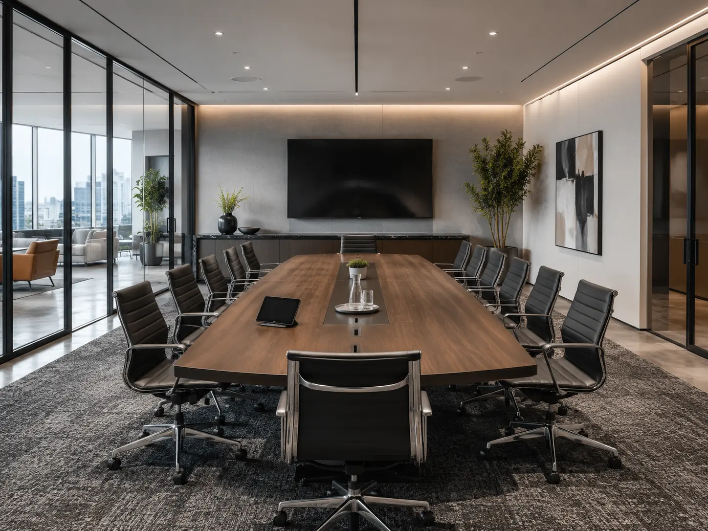 Conference room with a long meeting table and ergonomic chairs