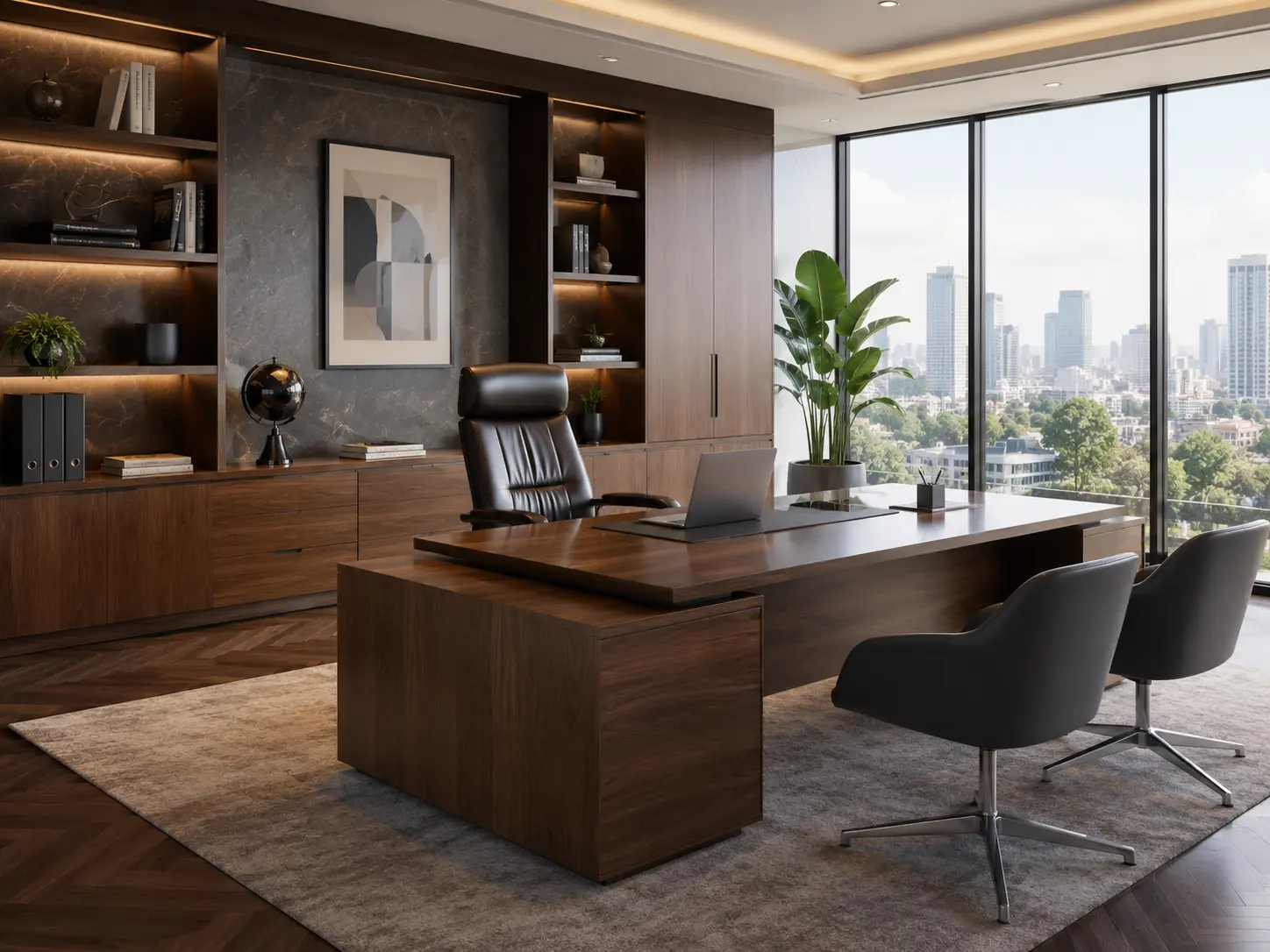 Executive office setup with desk, leather chair, and storage