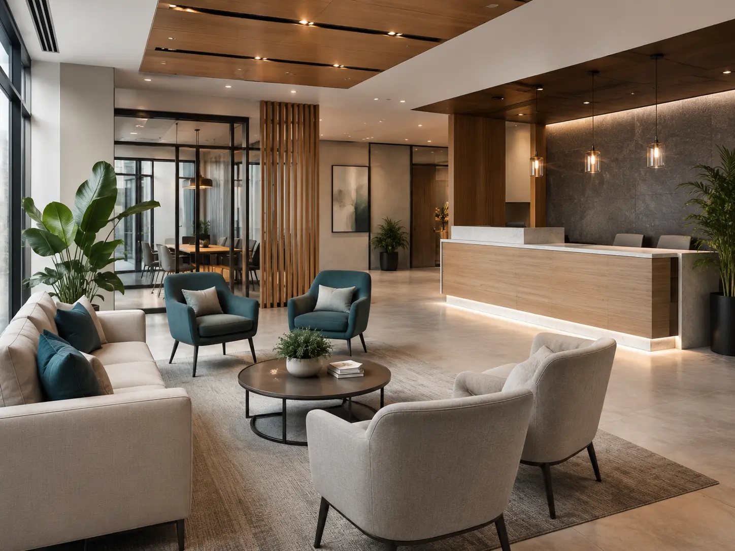 Office reception and lounge area with sofa and armchairs
