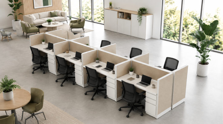 8 Person Open Low 5' x 2' Cubicle with Drawer Storage room view
