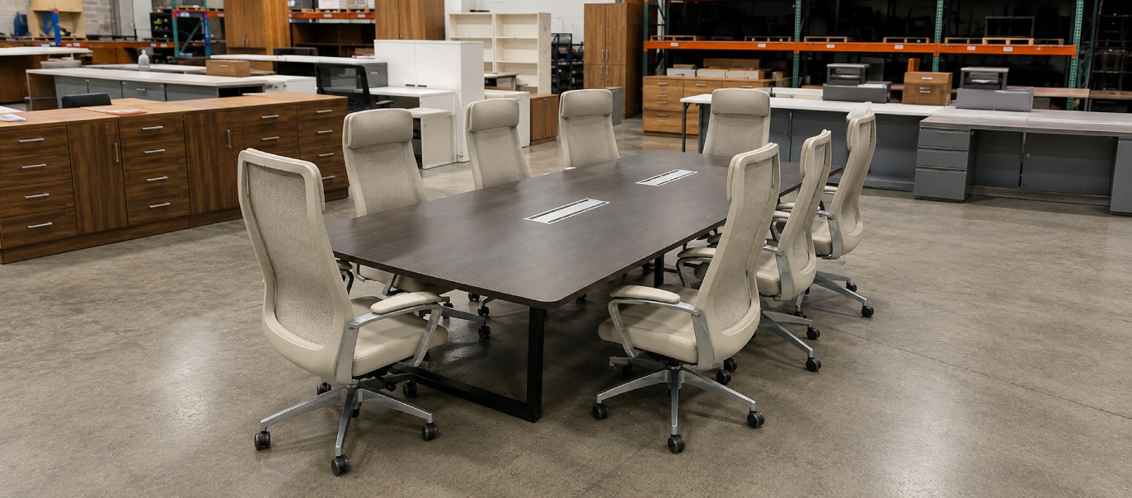 Used Boat Shape Table with Wire Grommets-banner
