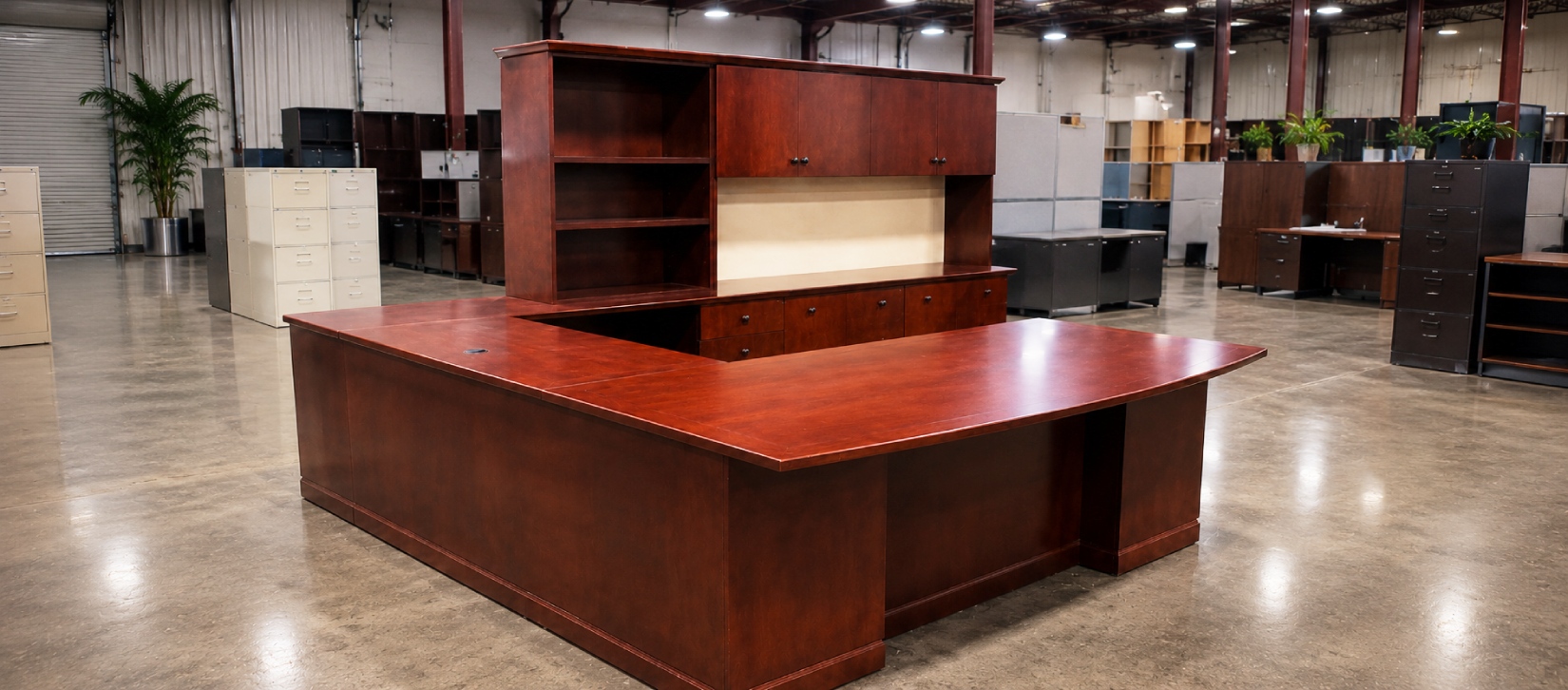 Used Executive U Desk with Hutch and Lateral File Cabinets-banner