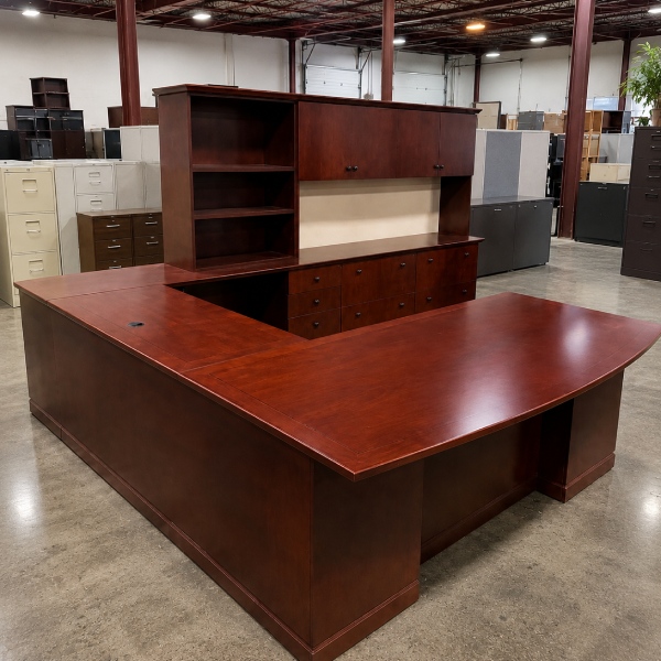 Used Executive U Desk with Hutch and Lateral File Cabinets-product image