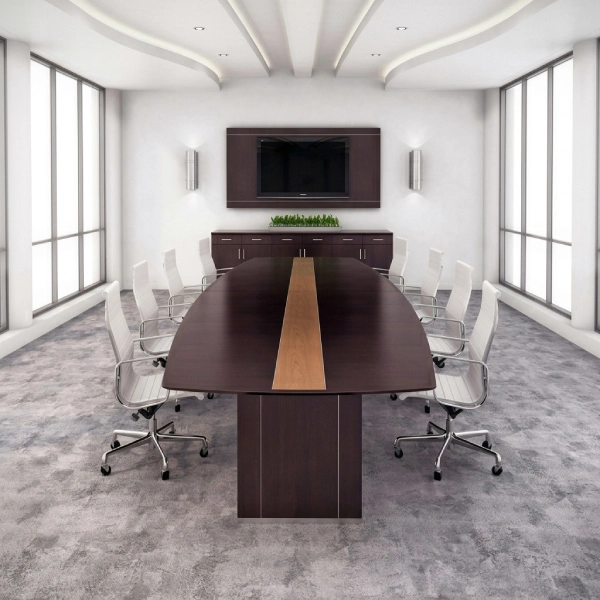 Americana Boat Shaped Conference Table with Wood Inlay