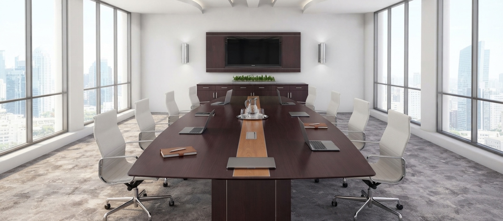 Americana Boat Shaped Conference Table with Wood Inlay