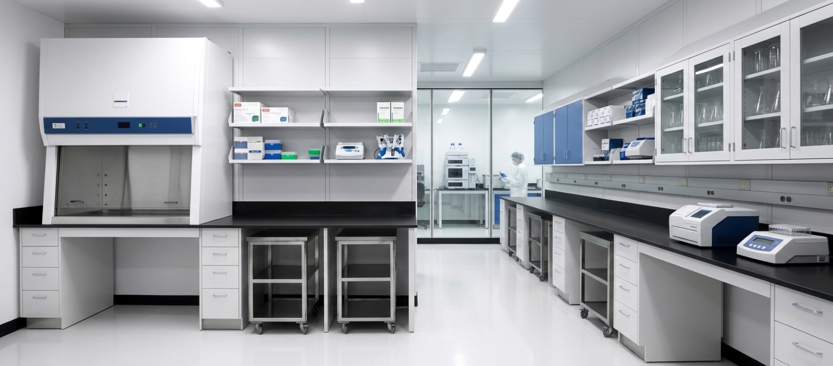 Compact Laboratory Fume Hood Workstation with Mobile Storage Units