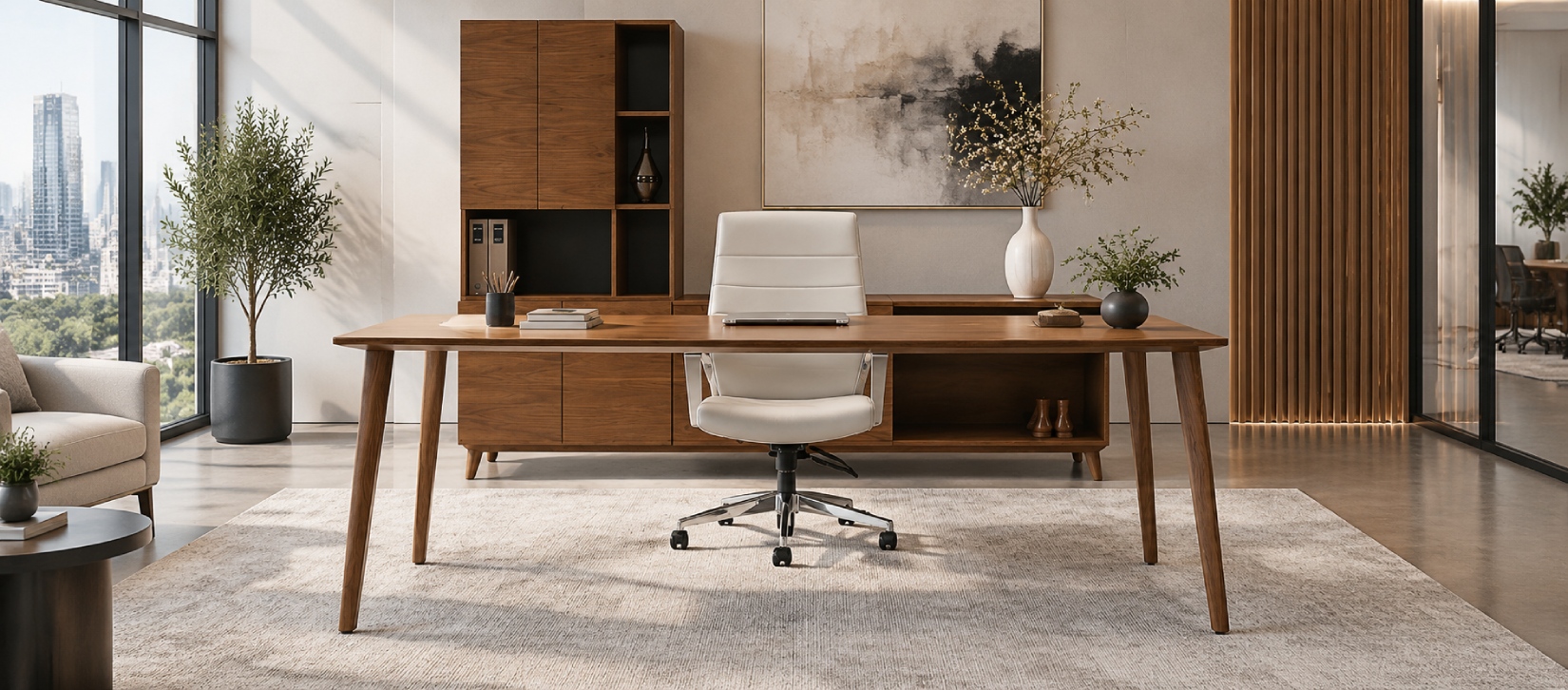 Corby Modern Executive Wood Veneer Desk with Angled Legs