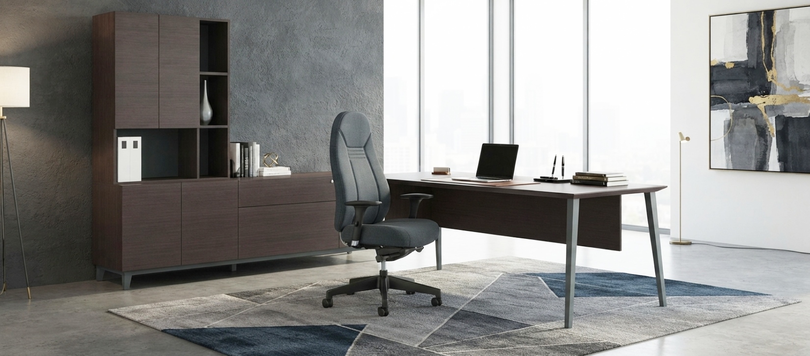 Corby Modern Executive Wood Veneer Desk with Hutch and Storage Cabinets