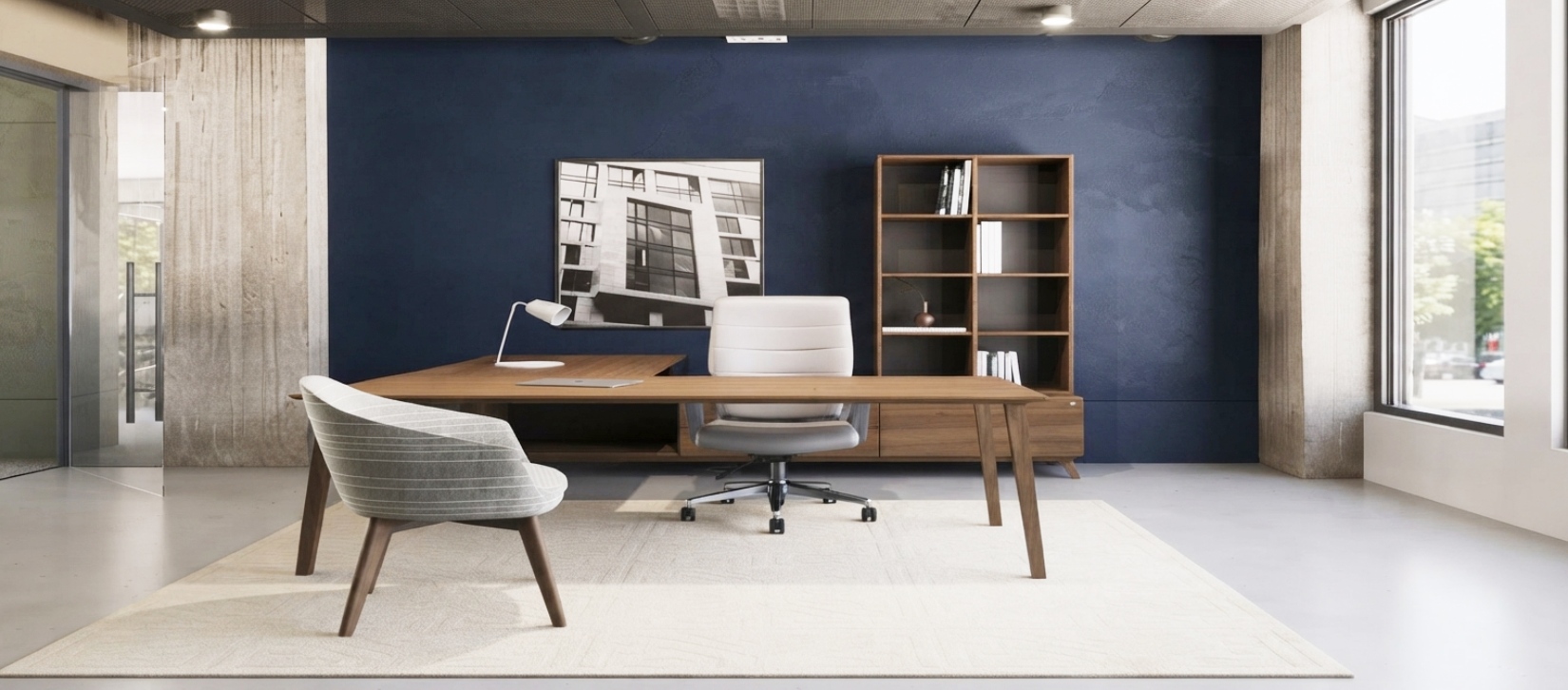 Corby Modern L-Shaped Executive Desk with Open Storage Hutch