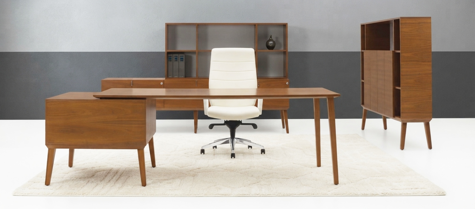 Corby Modern L-Shaped Executive Wood Veneer Desk with Credenza and Storage Cabinets