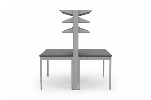 Double-Sided Laboratory Workstation with Overhead Storage Shelves