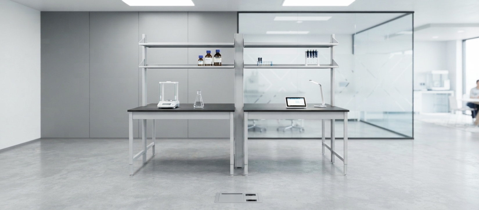 Double-Sided Laboratory Workstation with Overhead Storage Shelves