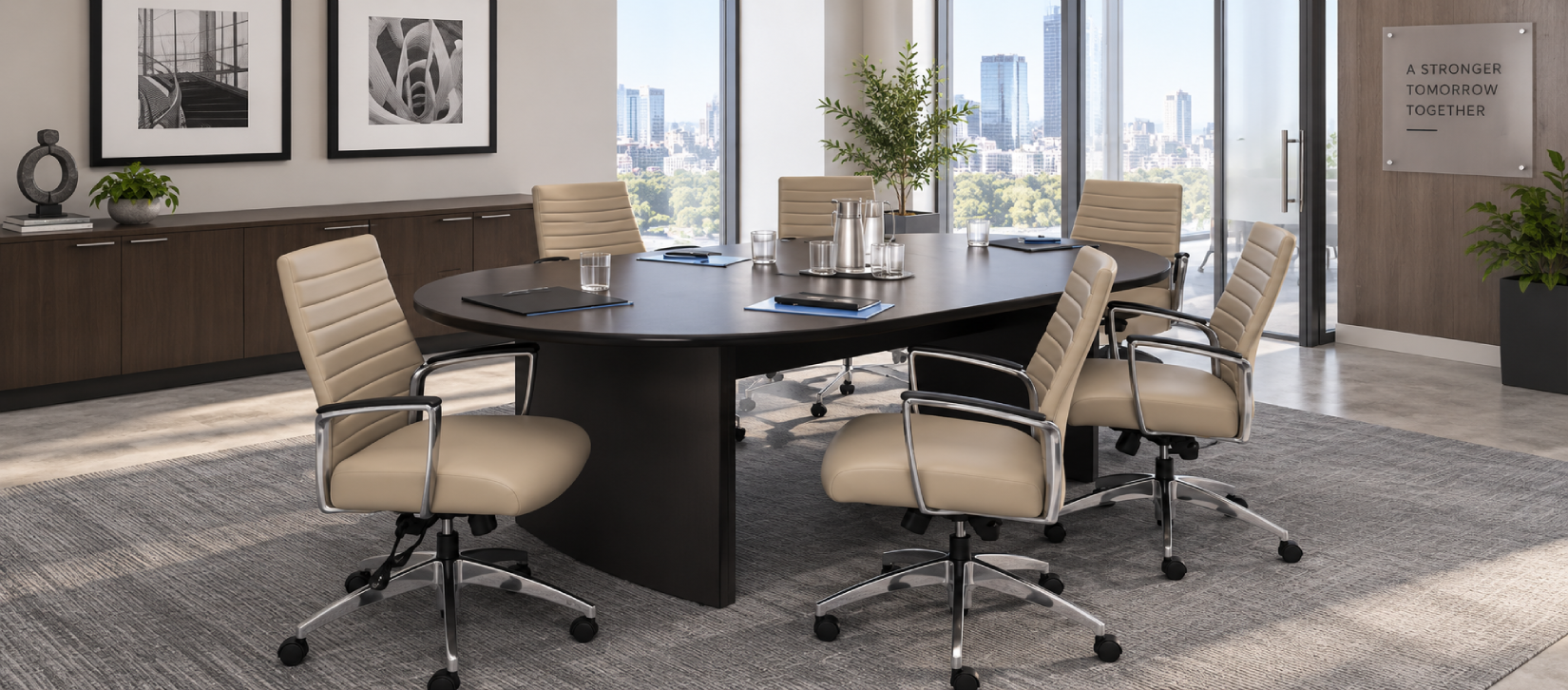 Global Boardroom Tables Series Black Racetrack with Beige Seating