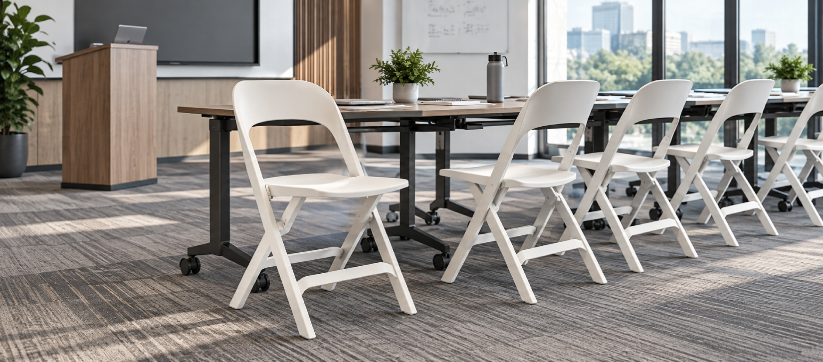Global Flap Folding Training Chair White Poly