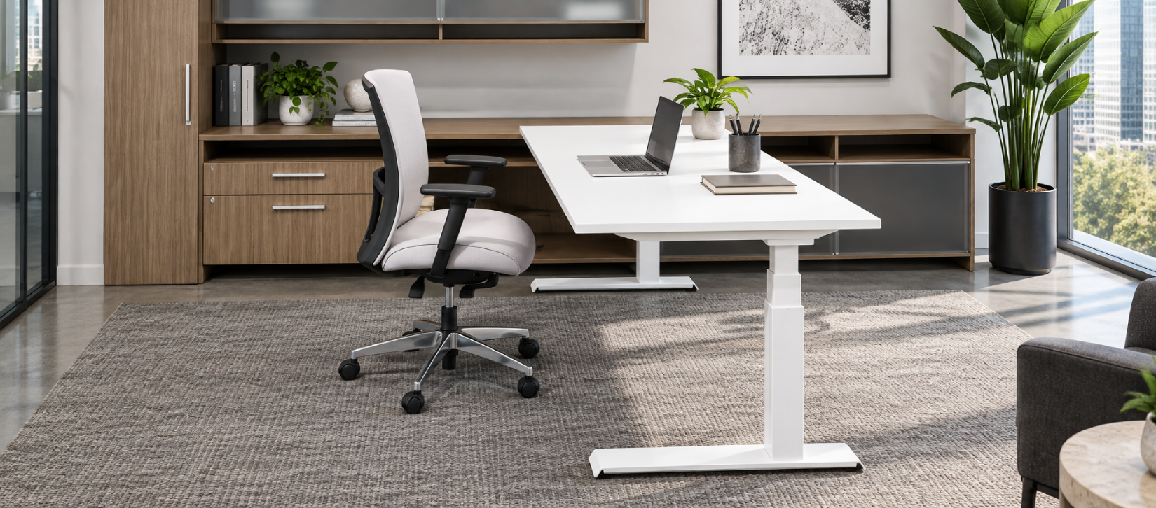Global FreeFit Height Adjustable Desks and Tables Single Workstation with White Top