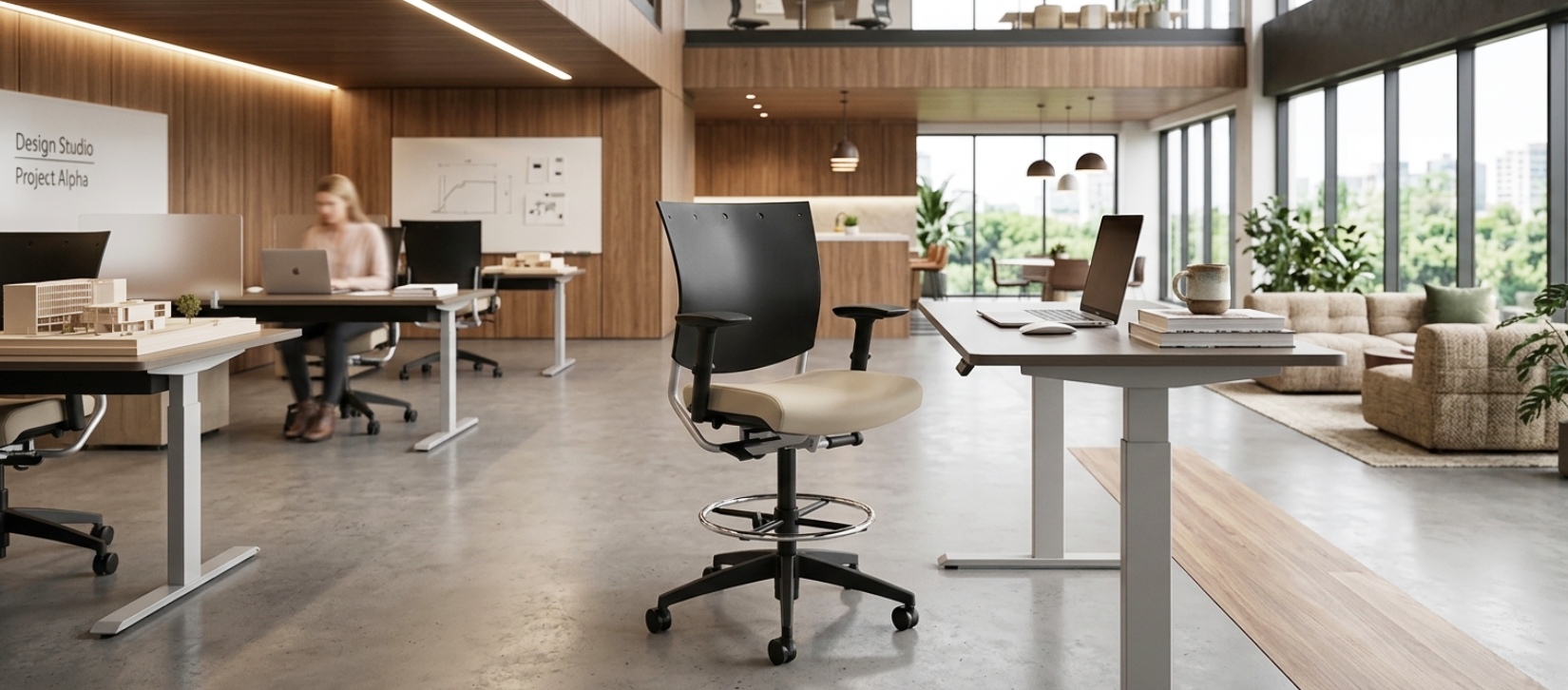 Global Graphic Black Nylon-Back Drafting Chair with Footring Base