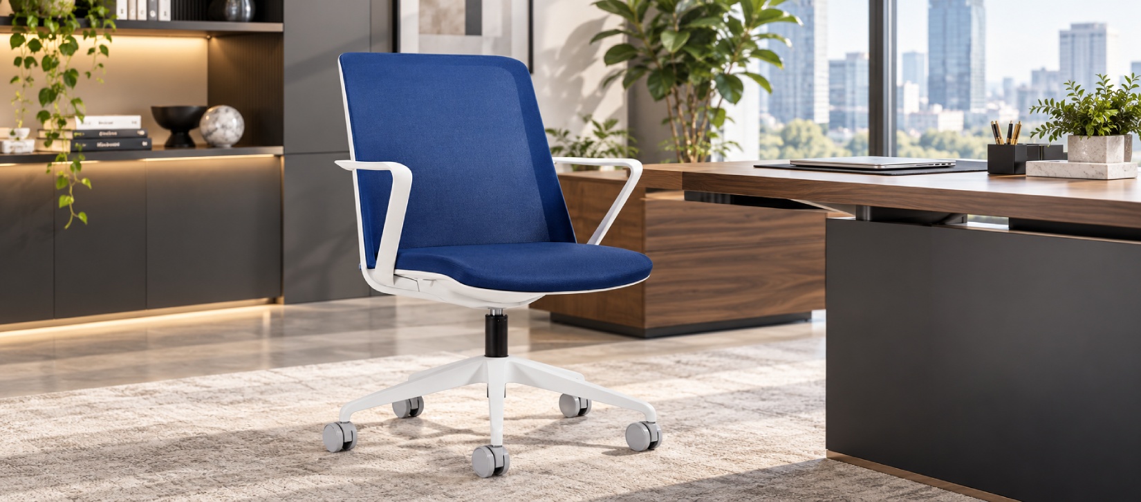 Global Prefer Blue Mesh Back Office Chair with White Frame