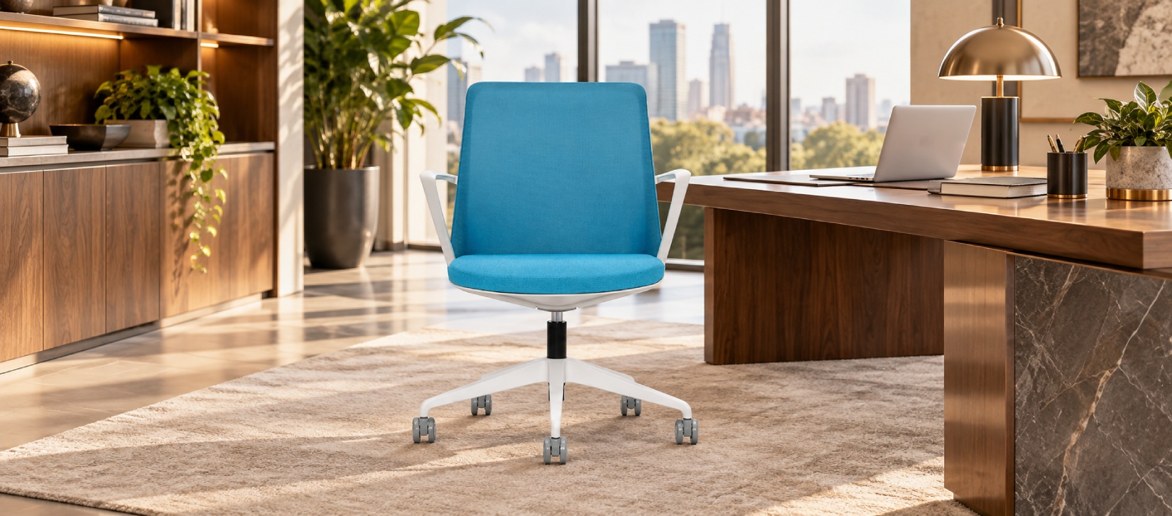 Global Prefer Light Blue Mesh Back Office Chair with White Frame