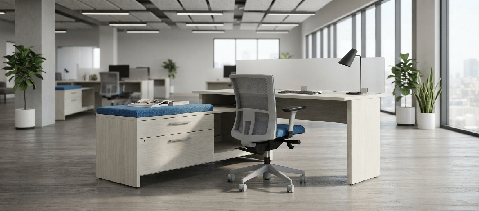 Global Princeton Laminate Desk Series – L-Shaped Desk with Storage Bench
