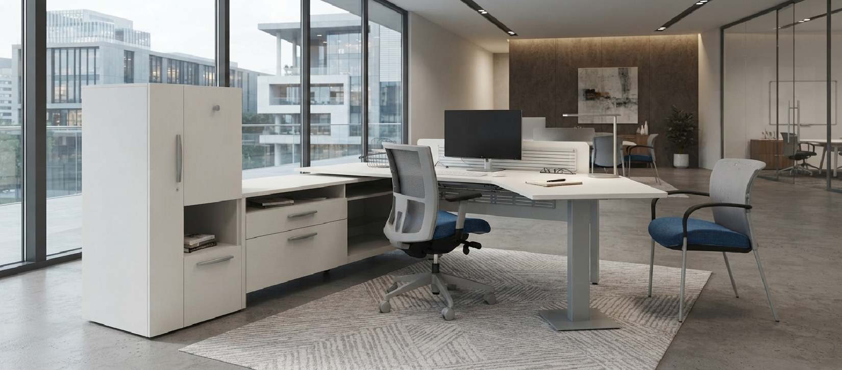 Global Princeton Laminate Desk Series – L-Shaped Desk with Tower Storage