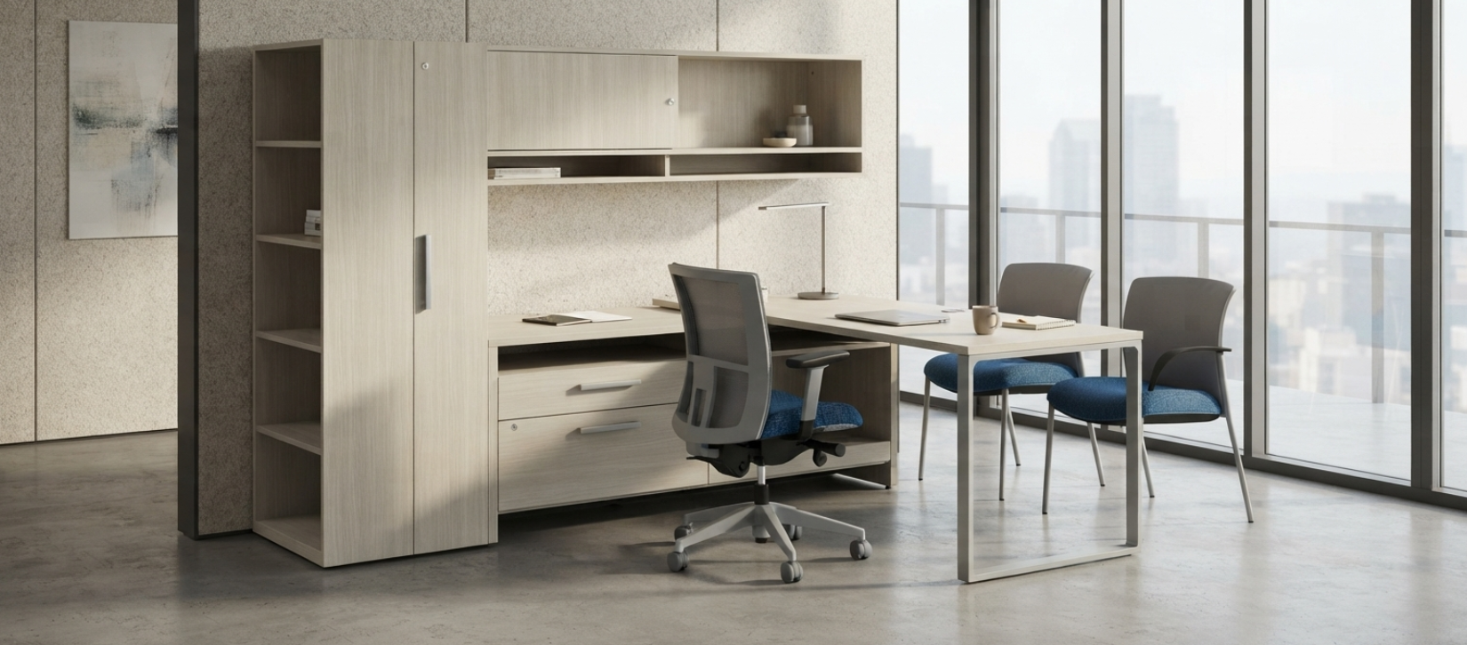 Global Princeton Laminate L-Shaped Desk with Storage Hutch