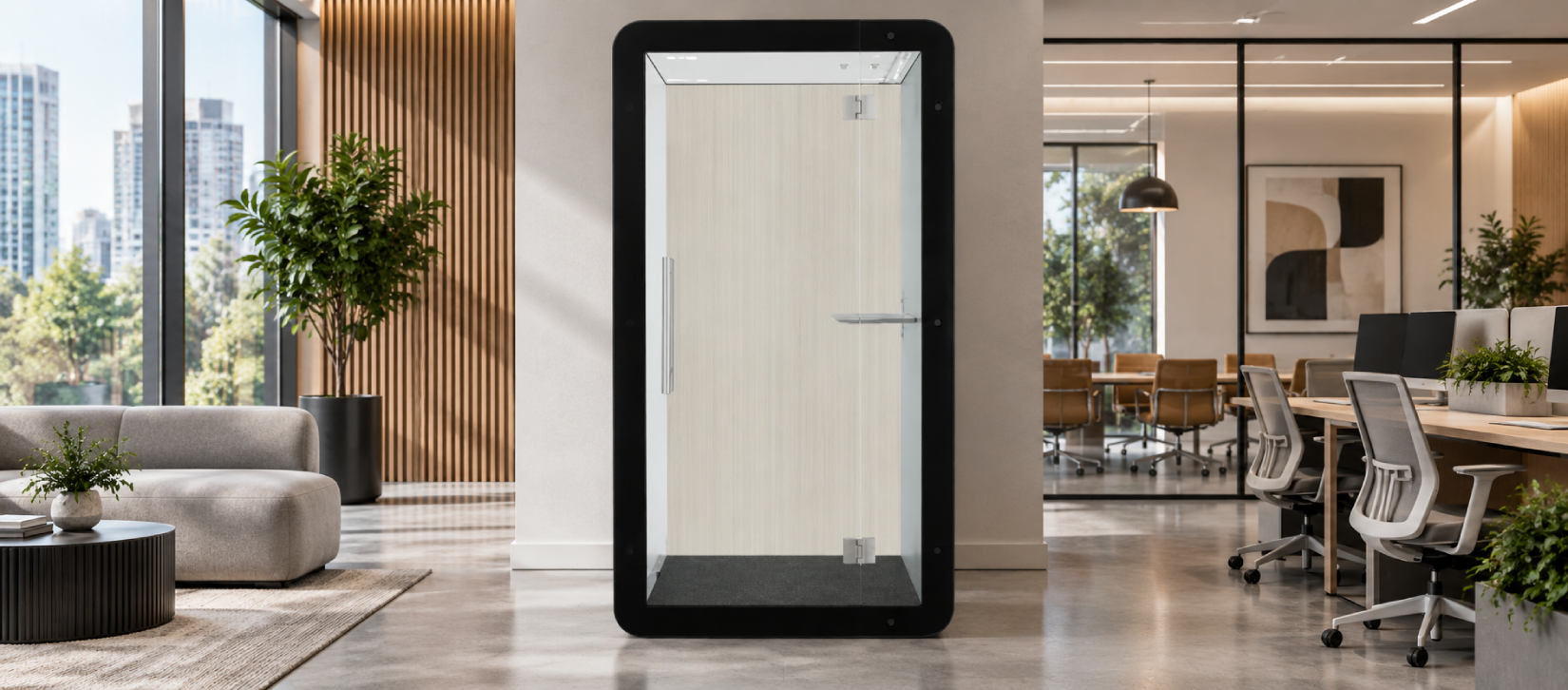 Global Priva Acoustic Privacy Pods Clear Glass Entry